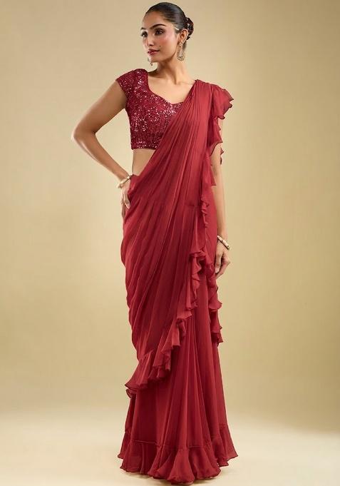 Wine Red Georgette Embellished Handwork Pre Draped Saree Set