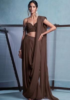 Brown Crepe Embroidered Handwork Pre Draped Saree Set