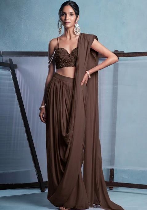 Brown Crepe Embroidered Handwork Pre Draped Saree Set
