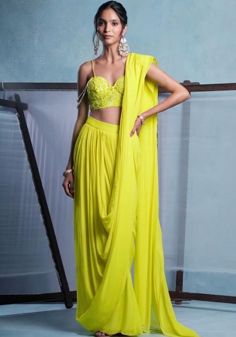 Lemon Yellow Crepe Embroidered Handwork Pre Draped Saree Set