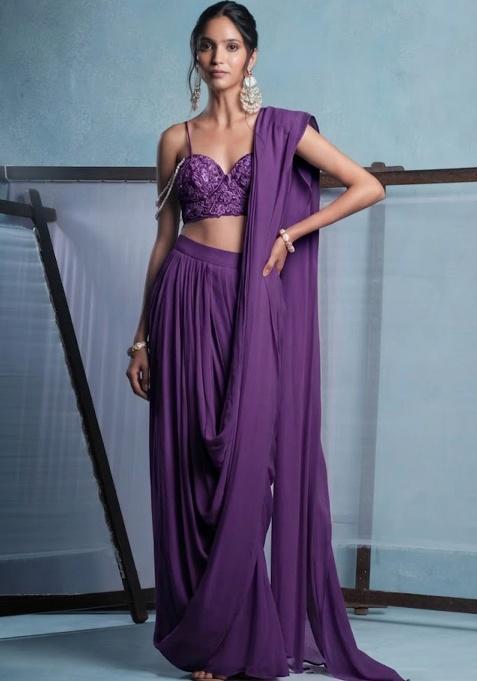 Pansy Purple Crepe Embroidered Handwork Pre Draped Saree Set