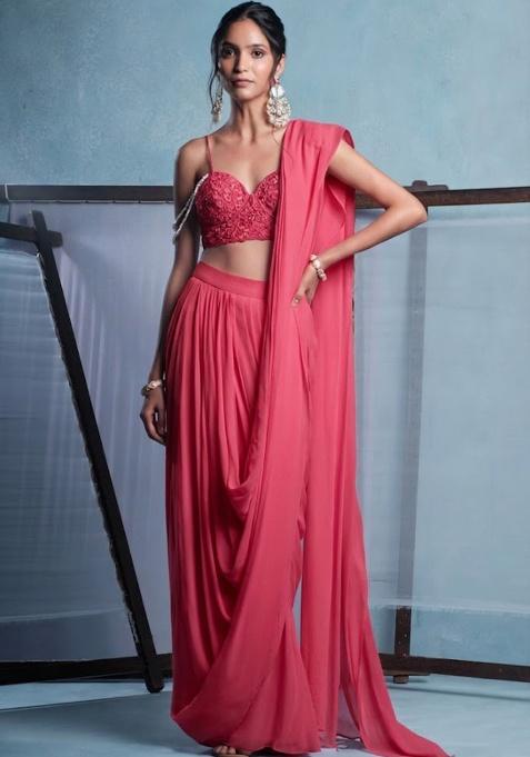 Pink Crepe Embroidered Handwork Pre Draped Saree Set