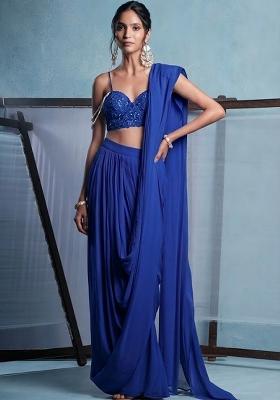 Royal Blue Crepe Embroidered Handwork Pre Draped Saree Set