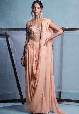 Nude Beige Crepe Embroidered Handwork Pre Draped Saree Set