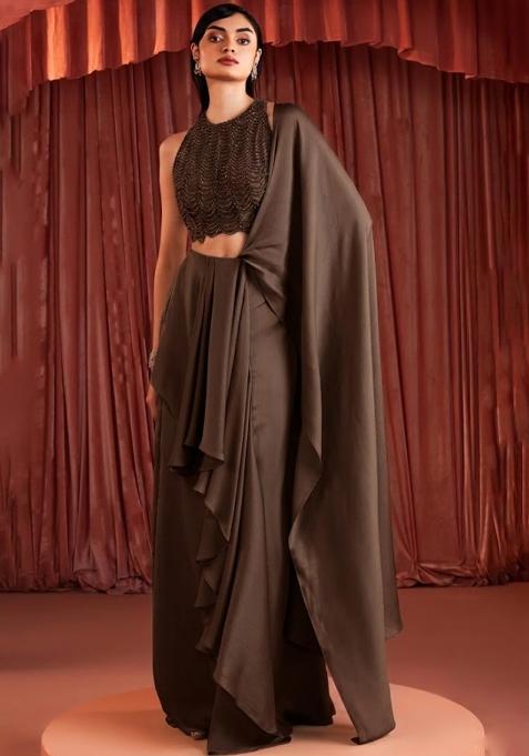 Chocolate Brown Crepe Embellished Handwork Pre Draped Saree Set