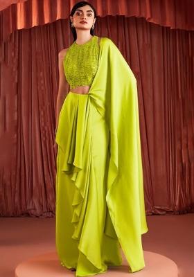 Lemon Yellow Crepe Embellished Handwork Pre Draped Saree Set