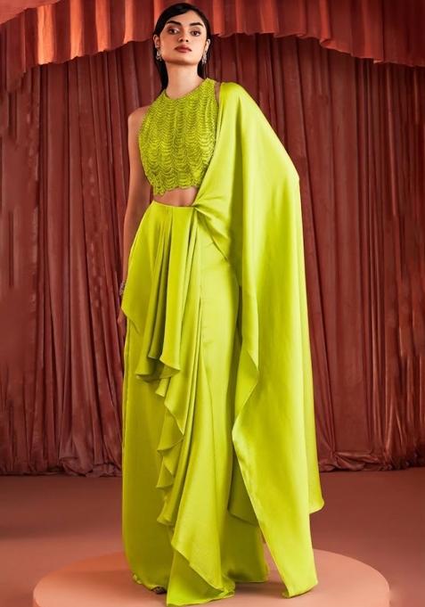 Lemon Yellow Crepe Embellished Handwork Pre Draped Saree Set