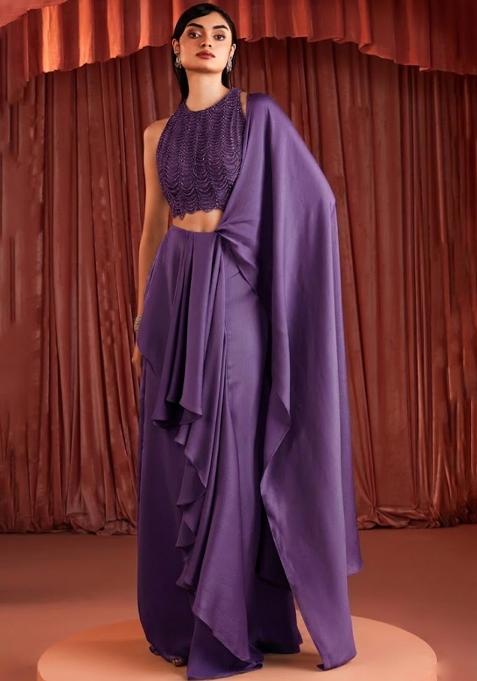 Pansy Purple Crepe Embellished Handwork Pre Draped Saree Set