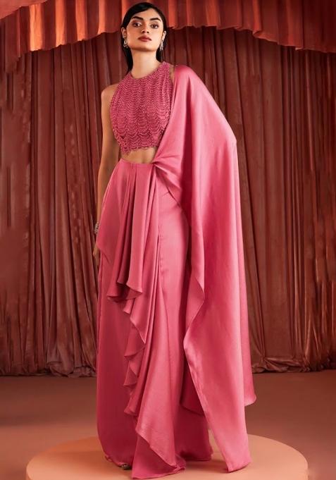 Pink Crepe Embellished Handwork Pre Draped Saree Set
