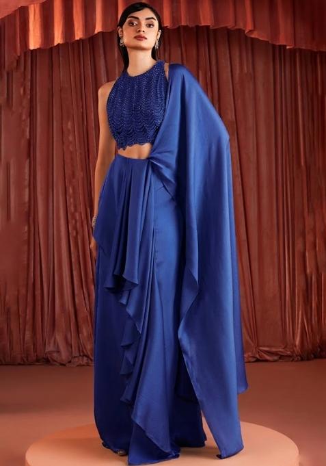 Royal Blue Crepe Embellished Handwork Pre Draped Saree Set