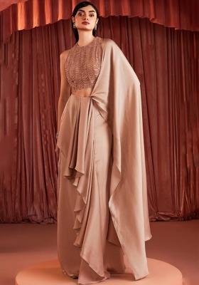 Nude Beige Crepe Embellished Handwork Pre Draped Saree Set