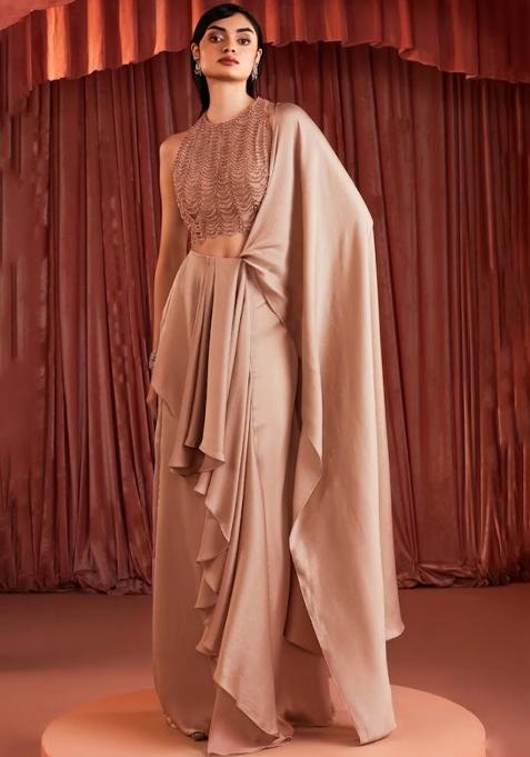 Nude Beige Crepe Embellished Handwork Pre Draped Saree Set