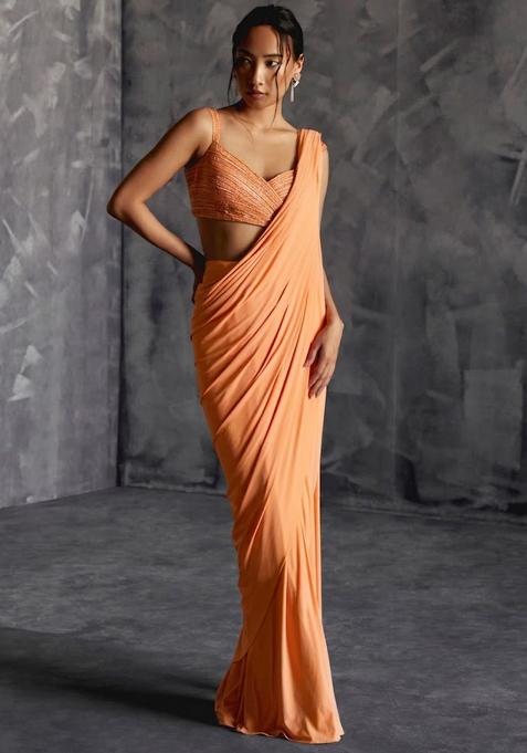 Orange Crepe Embroidered Handwork Pre Draped Saree Set
