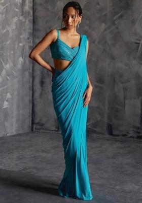 Blue Crepe Embroidered Handwork Pre Draped Saree Set