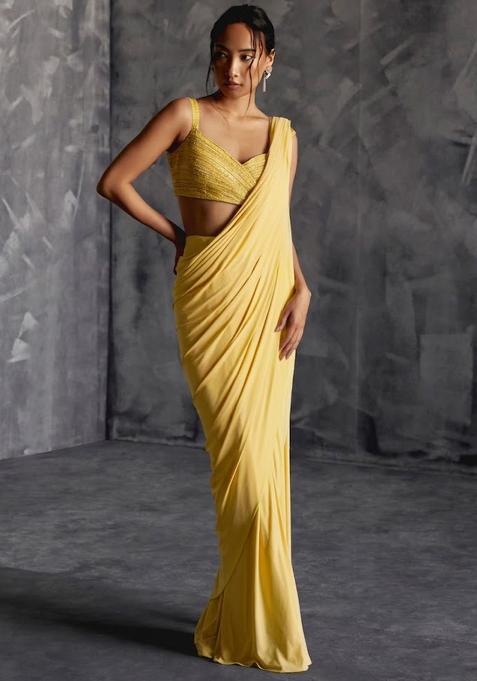 Corn Yellow Crepe Embroidered Handwork Pre Draped Saree Set
