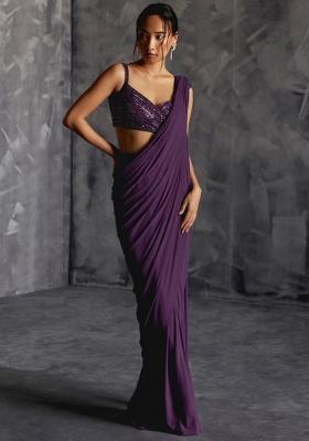 Ink Blue Crepe Embroidered Handwork Pre Draped Saree Set