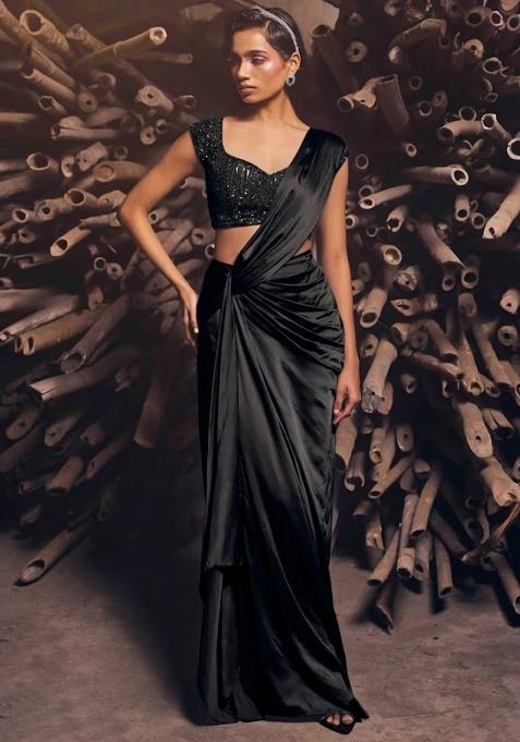 Black Satin Embellished Handwork Pre Draped Saree Set