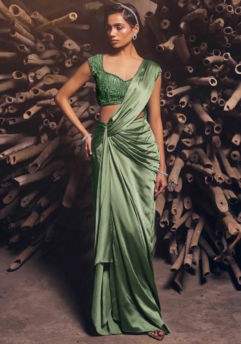 Green Satin Embellished Handwork Pre Draped Saree Set