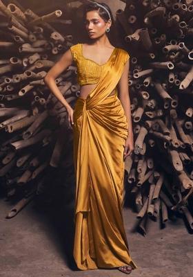 Lemon Yellow Satin Embellished Handwork Pre Draped Saree Set