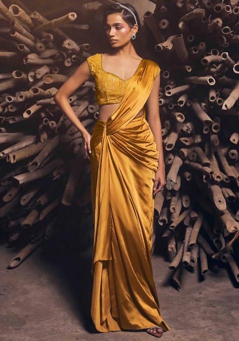 Lemon Yellow Satin Embellished Handwork Pre Draped Saree Set