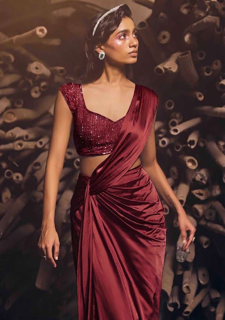 Bright Blue Satin Embellished Handwork Pre Draped Saree Set - Indya