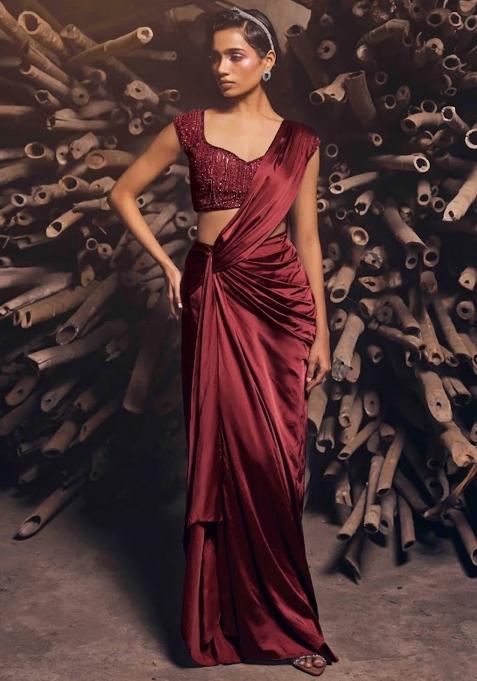 Bright Blue Satin Embellished Handwork Pre Draped Saree Set