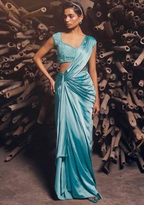 Tangerine Satin Embellished Handwork Pre Draped Saree Set