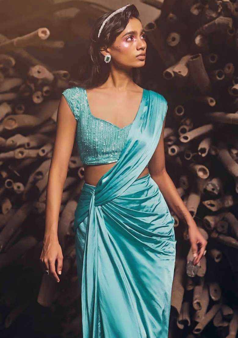 Tangerine Satin Embellished Handwork Pre Draped Saree Set - Indya