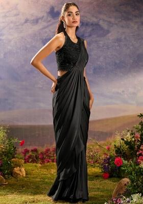 Black Chinon Embellished Handwork Pre Draped Saree Set