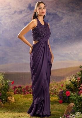 Cosmos Pink Chinon Embellished Handwork Pre Draped Saree Set