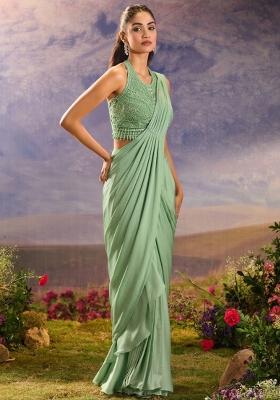 Green Chinon Embellished Handwork Pre Draped Saree Set