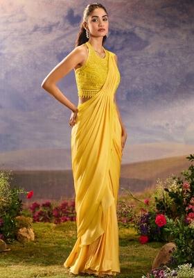 Lemon Yellow Chinon Embellished Handwork Pre Draped Saree Set
