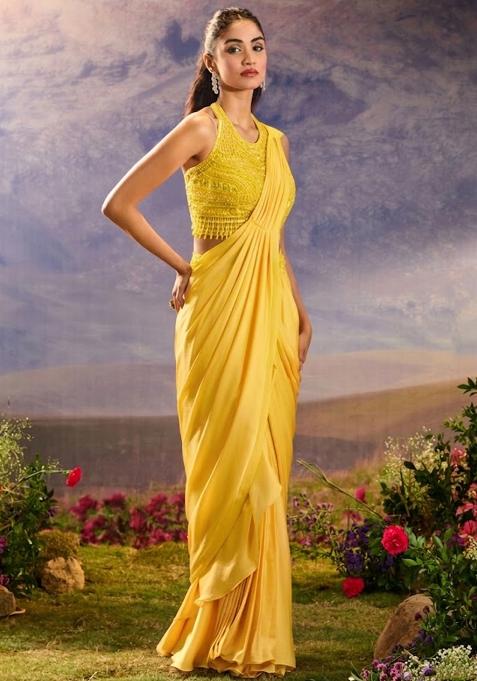 Lemon Yellow Chinon Embellished Handwork Pre Draped Saree Set