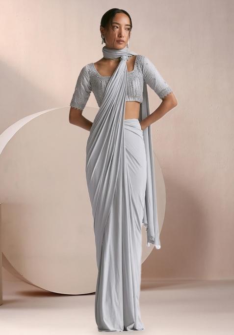 Grey Crepe Embellished Handwork Pre Draped Saree Set