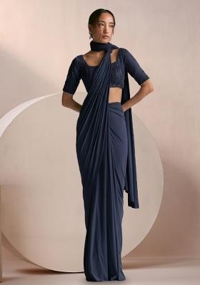 Iris Purple Crepe Embellished Handwork Pre Draped Saree Set