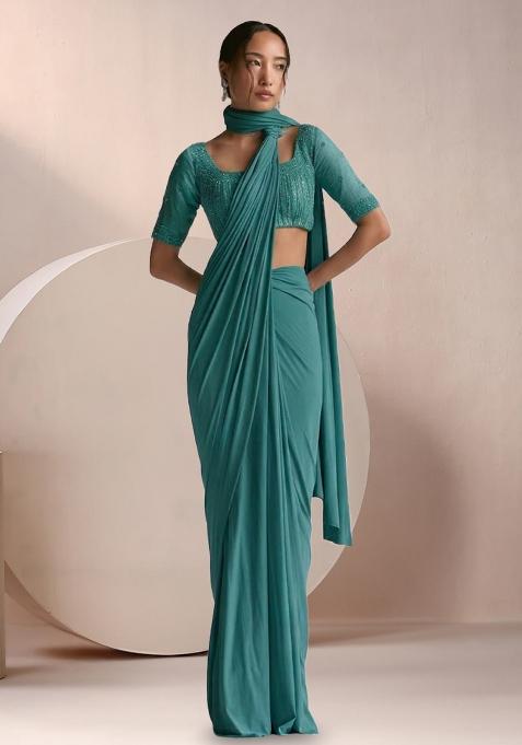 Ivy Green Crepe Embellished Handwork Pre Draped Saree Set