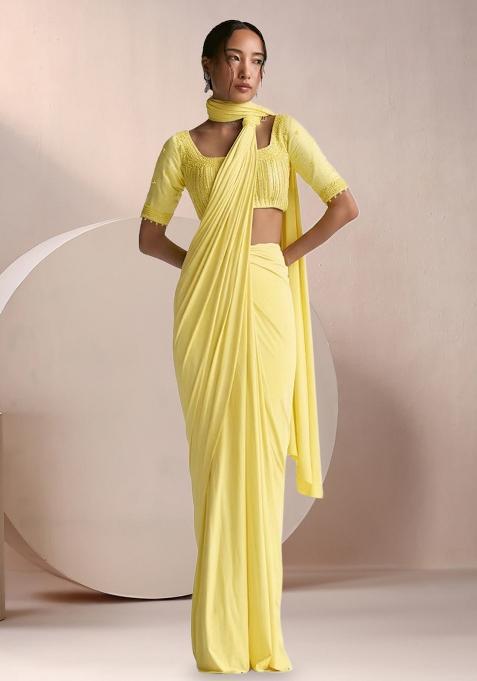 Lime Green Crepe Embellished Handwork Pre Draped Saree Set