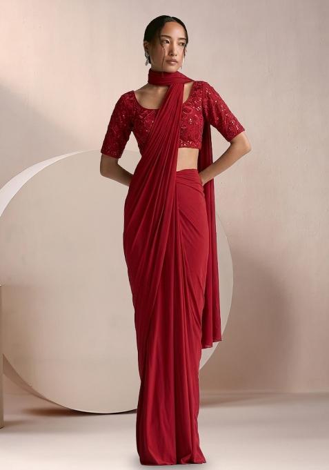 Red Crepe Embellished Handwork Pre Draped Saree Set