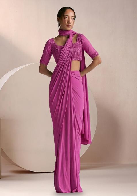 Rose Pink Crepe Embellished Handwork Pre Draped Saree Set