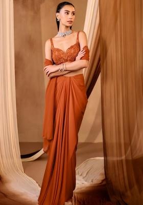 Rust Crepe Embroidered Handwork Pre Draped Saree Set