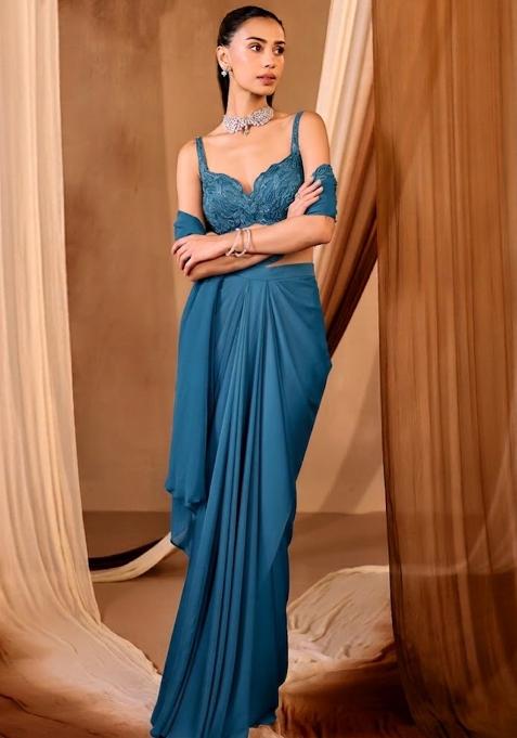 Blue Crepe Embroidered Handwork Pre Draped Saree Set