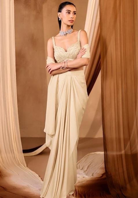 Buttercream Crepe Embroidered Handwork Pre Draped Saree Set