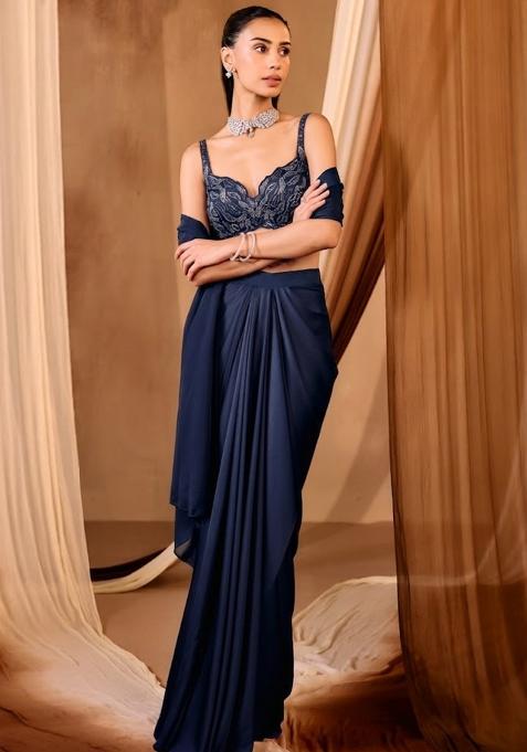 Dark Navy Crepe Embroidered Handwork Pre Draped Saree Set