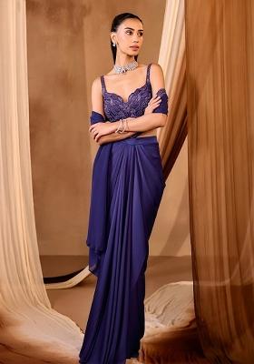 Baby Blue Crepe Embroidered Handwork Pre Draped Saree Set