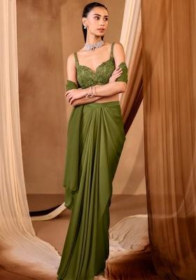 Olive Crepe Embroidered Handwork Pre Draped Saree Set
