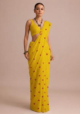 Yellow Batik Print Satin Pre Draped Saree Set