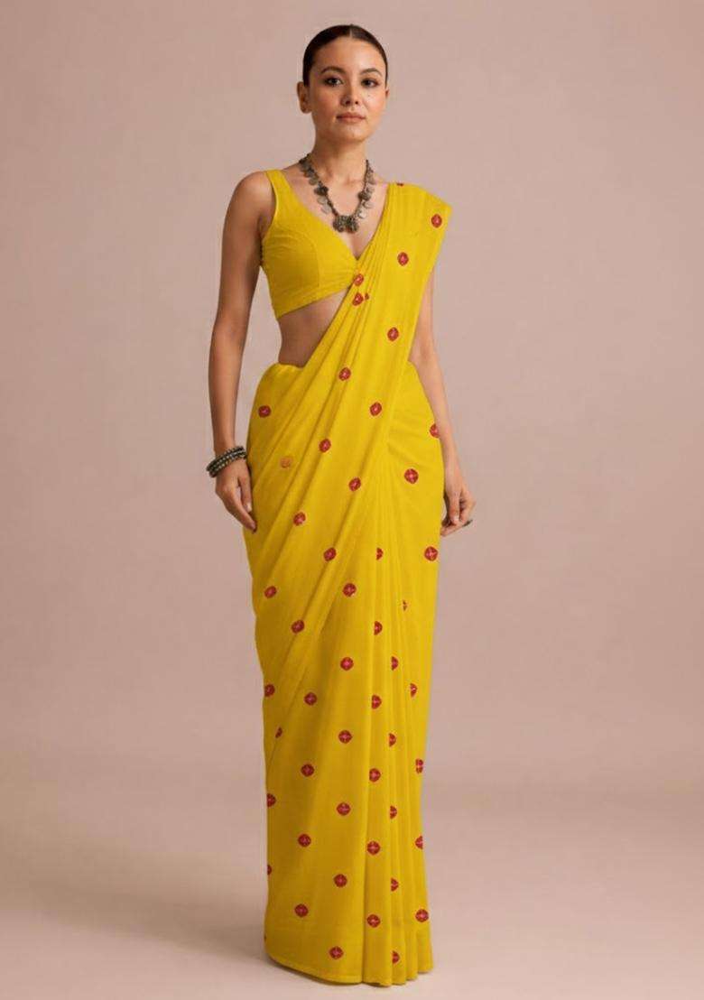 Yellow Batik Print Satin Pre Draped Saree Set - Indya