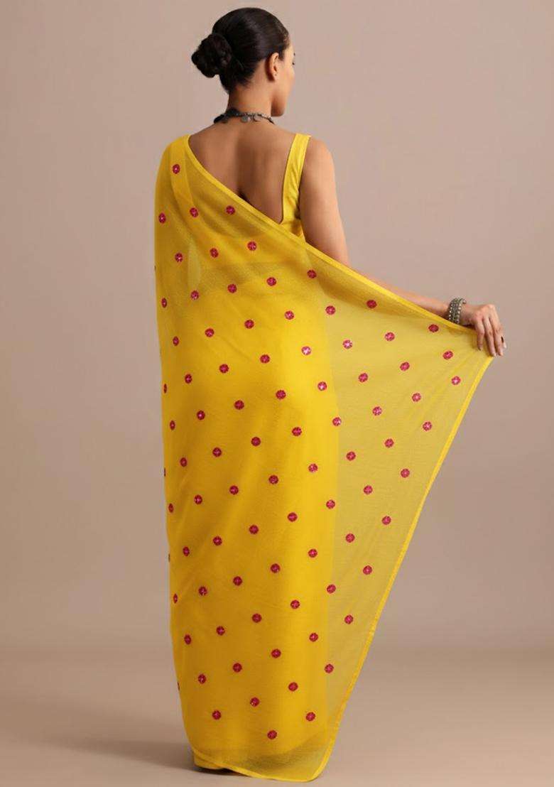 Yellow Batik Print Satin Pre Draped Saree Set - Indya