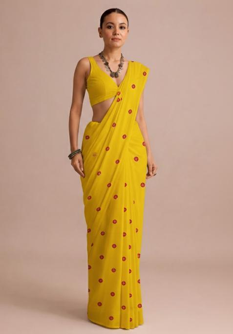 Yellow Batik Print Satin Pre Draped Saree Set
