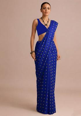 Royal Blue Batik Print Satin Pre Draped Saree Set